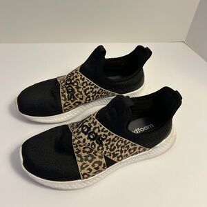 adidas Black Leopard Cloudfoam Slip On Tennis Shoes Size 7 Athleisure!